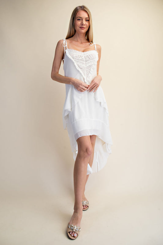 RUFFLES HIGH LOW MIDI DRESS - WHITE