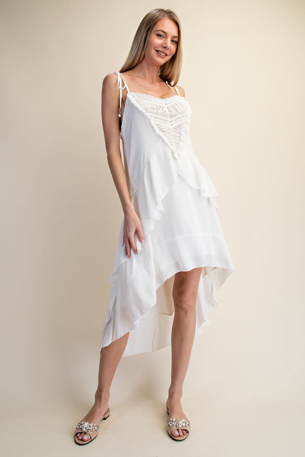 RUFFLES HIGH LOW MIDI DRESS - WHITE