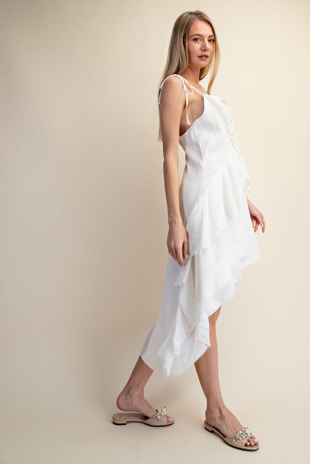 RUFFLES HIGH LOW MIDI DRESS - WHITE