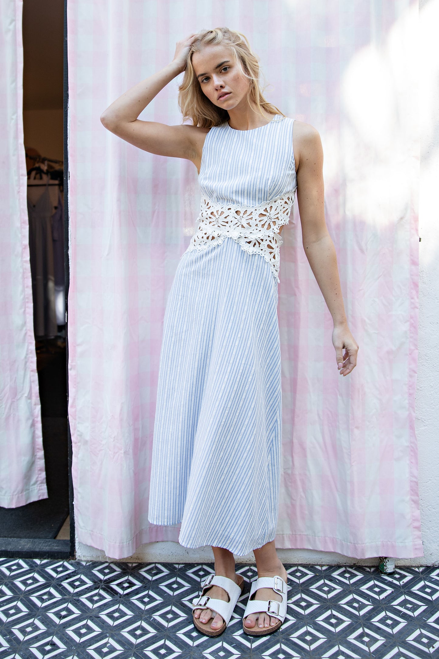STRIPED CROCHET WAIST CUT OUT MAXI DRESS
