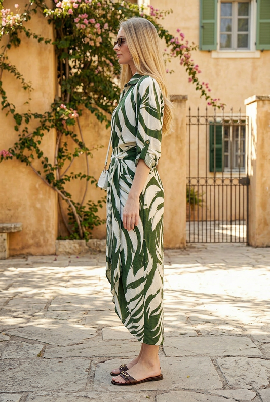 TROPICAL PALM BELTED SSHIRT MIDI DRESS