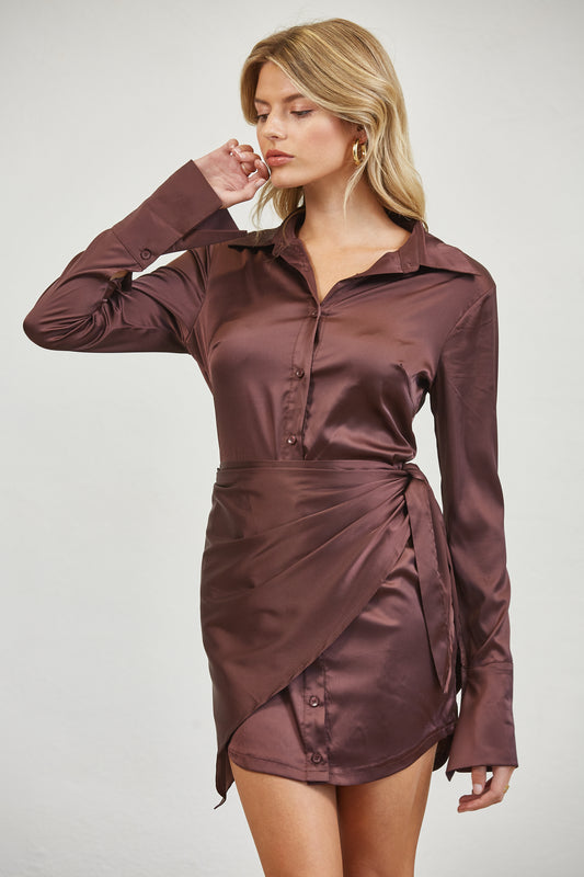 SATIN WRAP TIE SHIRT MINI DRESS - BLACKROSE