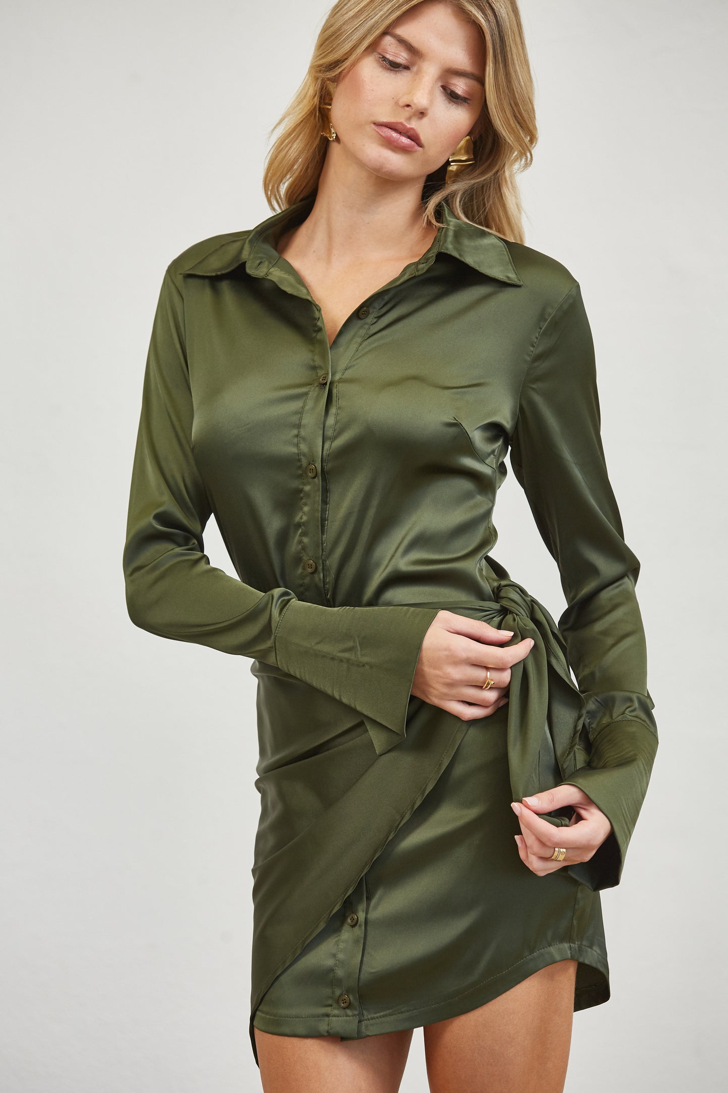 SATIN WRAP TIE SHIRT MINI DRESS - BLACKROSE