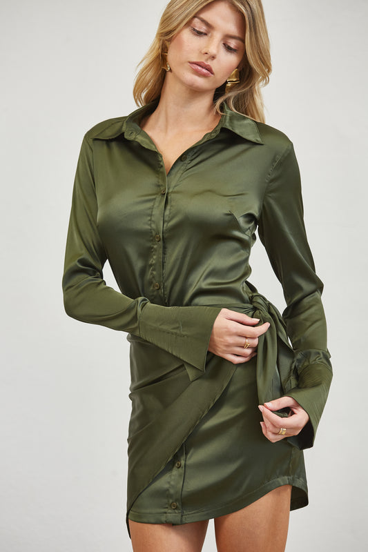 SATIN WRAP TIE SHIRT MINI DRESS