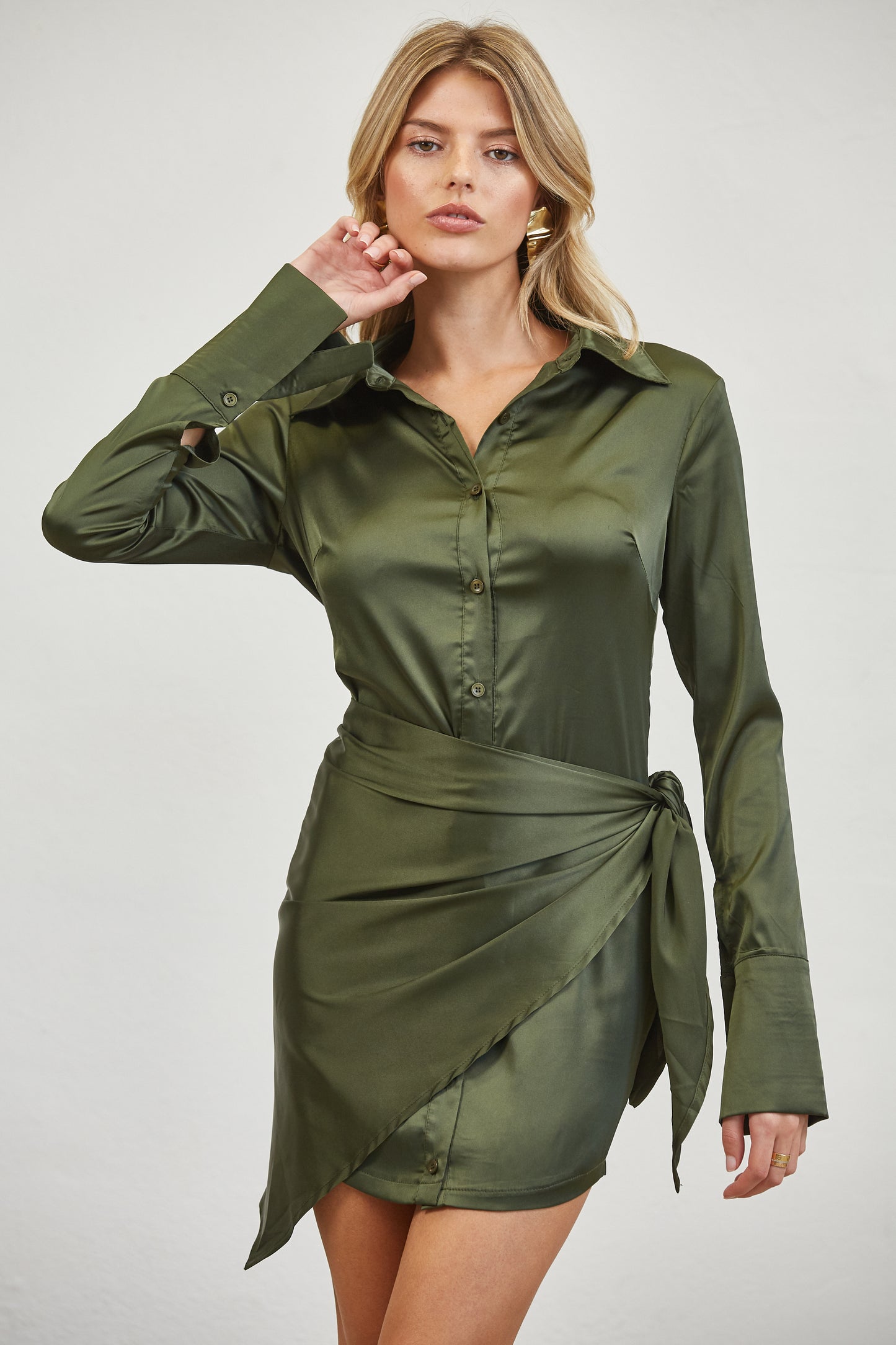 SATIN WRAP TIE SHIRT MINI DRESS - BLACKROSE