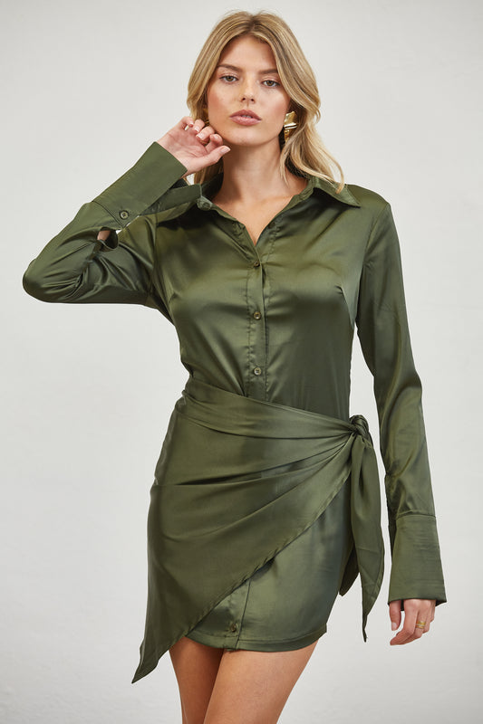 SATIN WRAP TIE SHIRT MINI DRESS