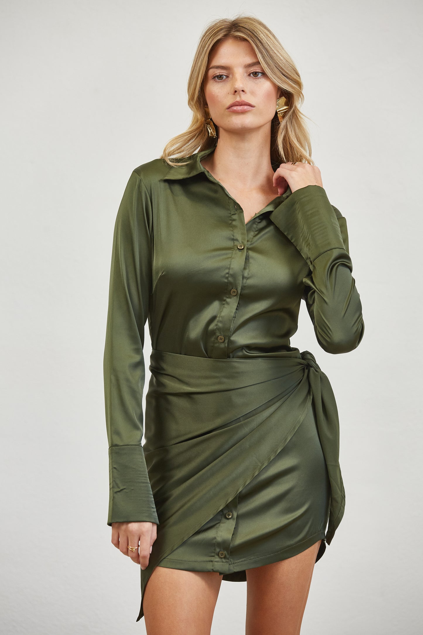 SATIN WRAP TIE SHIRT MINI DRESS - BLACKROSE