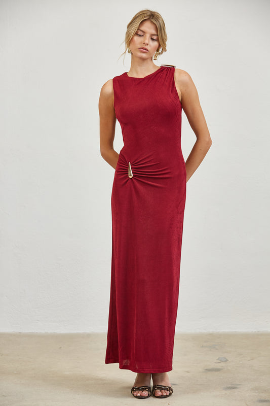 GOLD ACCENT RUCHED MAXI DRESS - WINE