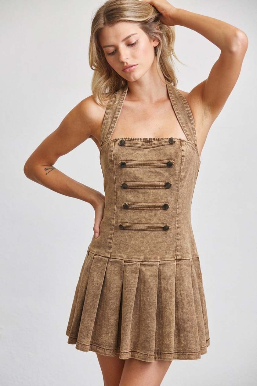 NAPOLEON VINTAGE WASH HALTER PLEATED MINI DRESS