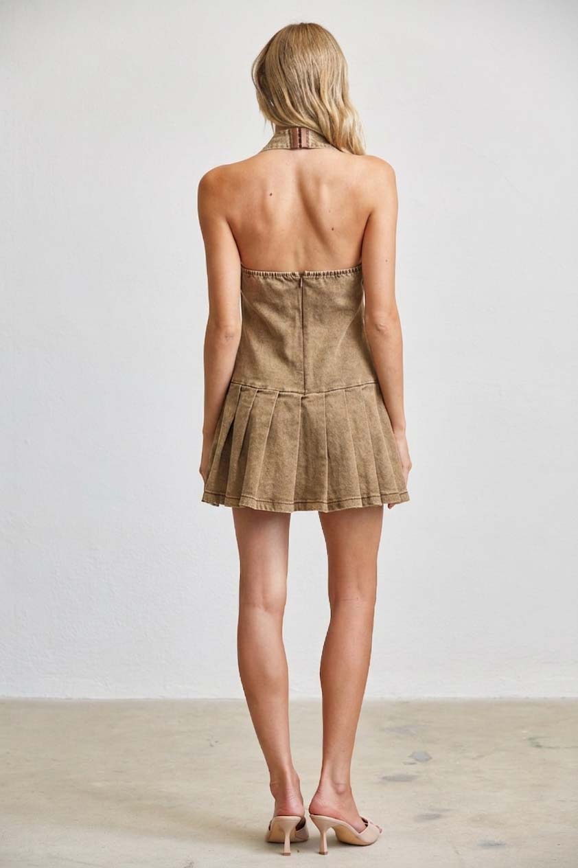 NAPOLEON VINTAGE WASH HALTER PLEATED MINI DRESS