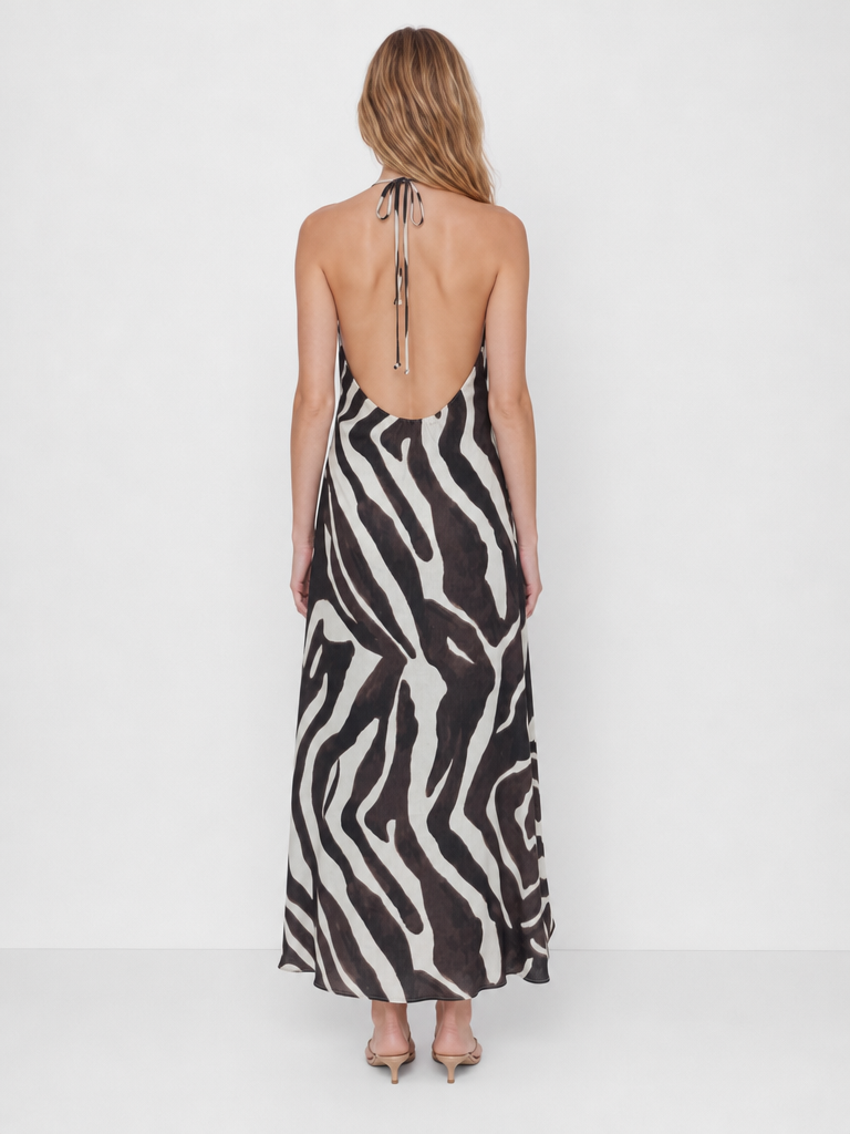 Zebra Print Backless Halter Maxi Dress