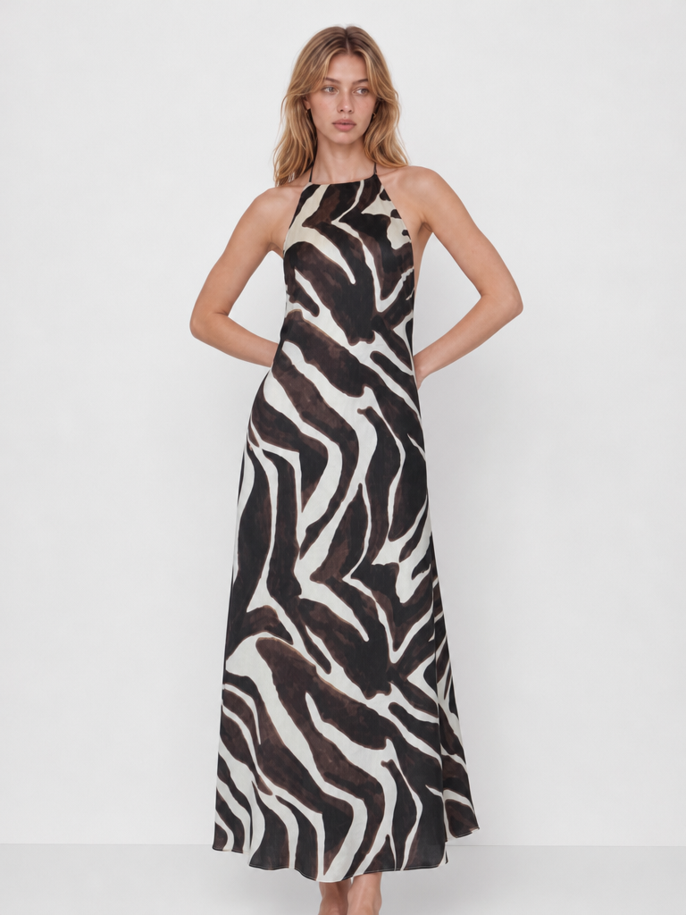 Zebra Print Backless Halter Maxi Dress