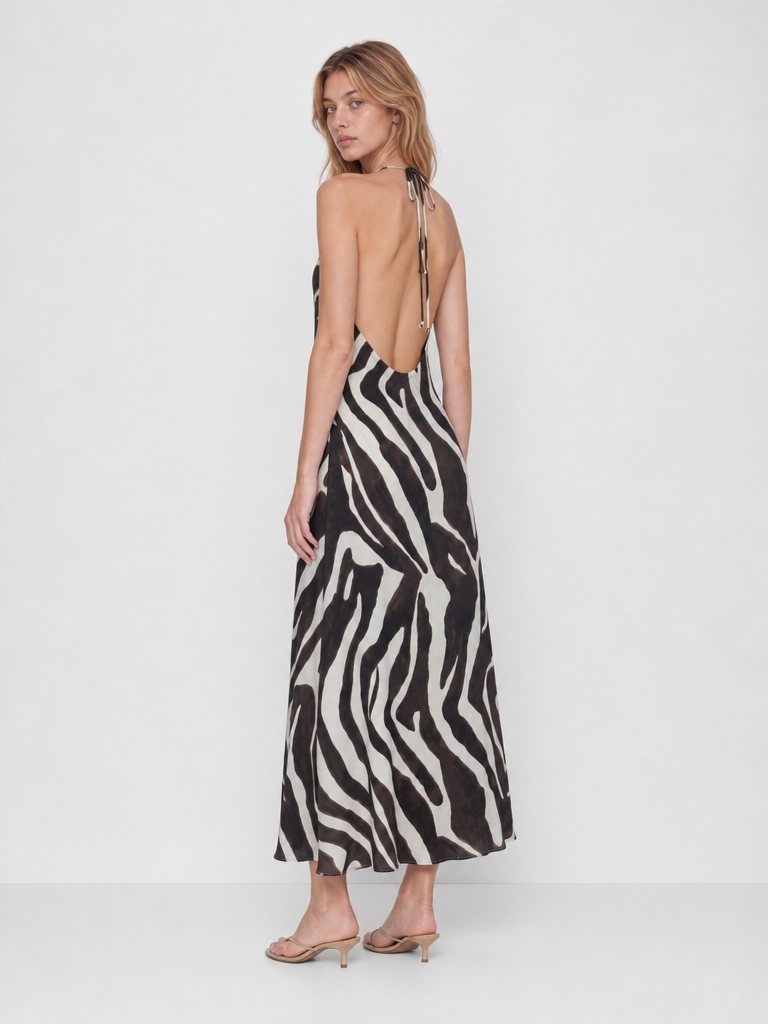 Zebra Print Backless Halter Maxi Dress