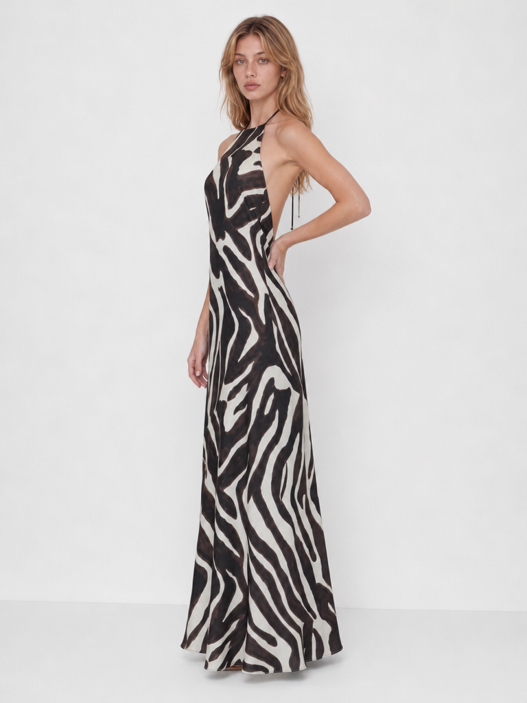 Zebra Print Backless Halter Maxi Dress