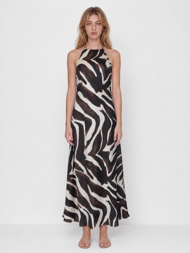 Zebra Print Backless Halter Maxi Dress