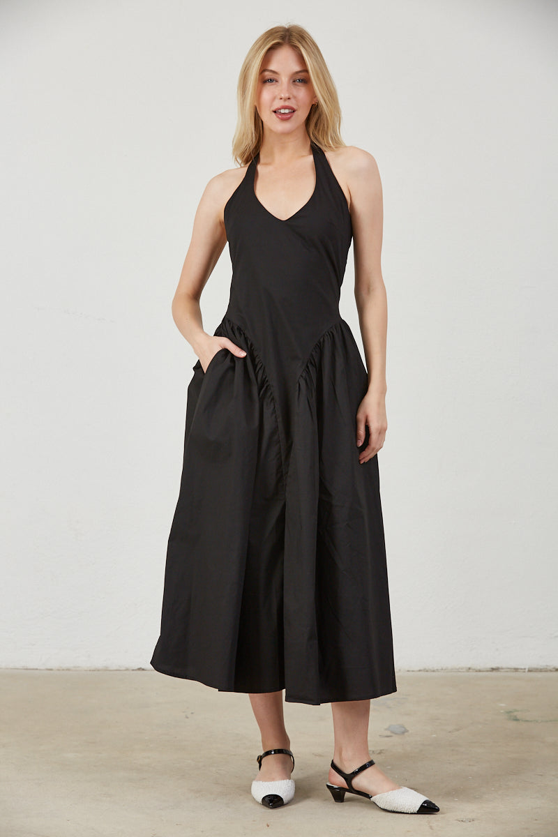 TULLE HALTER NECK MAXI DRESS WITH POCKET