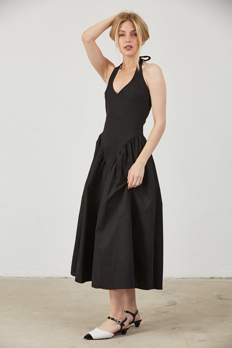 TULLE HALTER NECK MAXI DRESS WITH POCKET