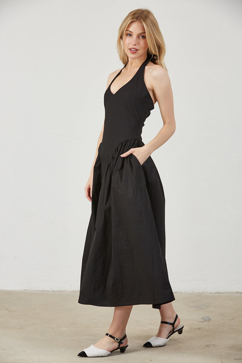 TULLE HALTER NECK MAXI DRESS WITH POCKET - WHITE