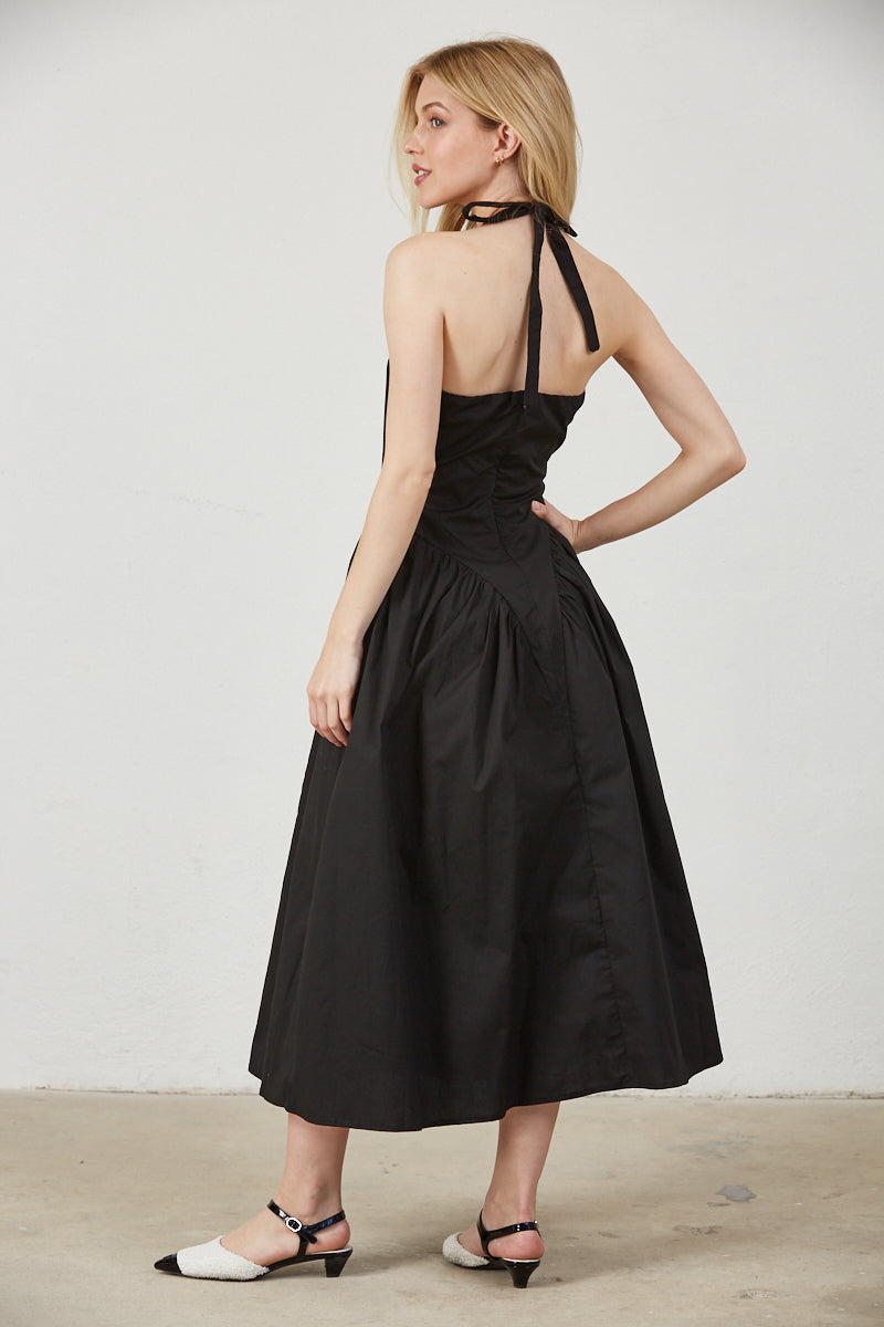 TULLE HALTER NECK MAXI DRESS WITH POCKET - WHITE