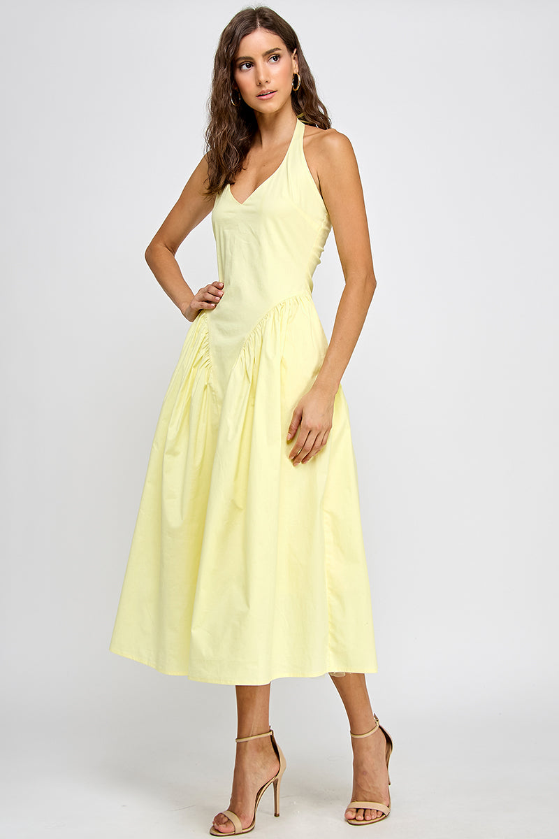 TULLE HALTER NECK MAXI DRESS WITH POCKET - WHITE