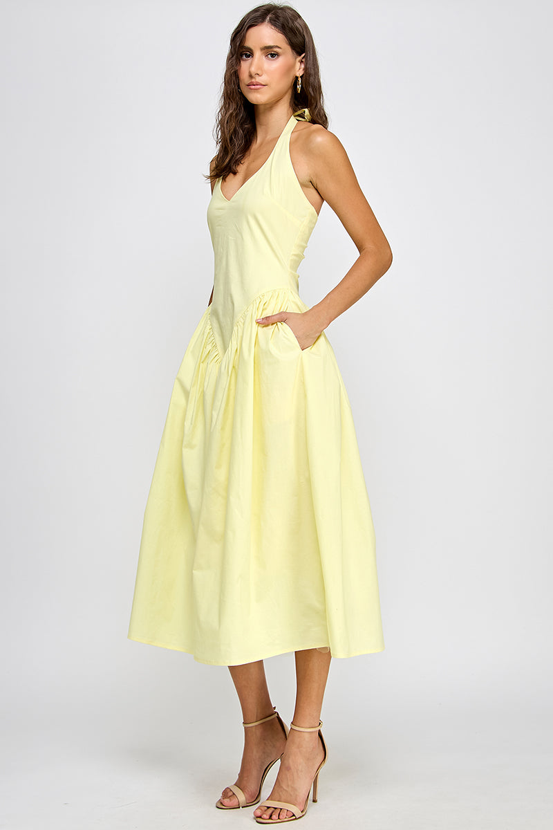 TULLE HALTER NECK MAXI DRESS WITH POCKET