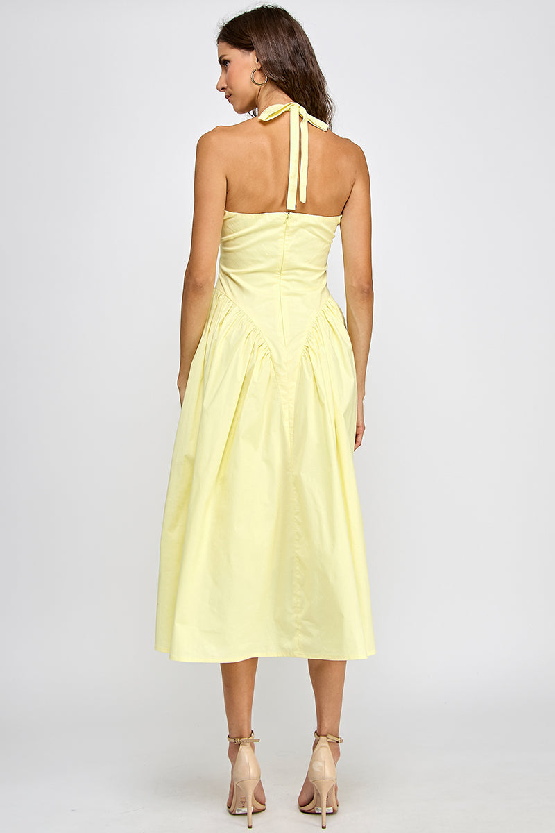 TULLE HALTER NECK MAXI DRESS WITH POCKET - WHITE