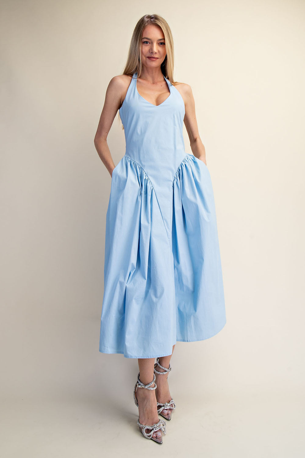 TULLE HALTER NECK MAXI DRESS WITH POCKET