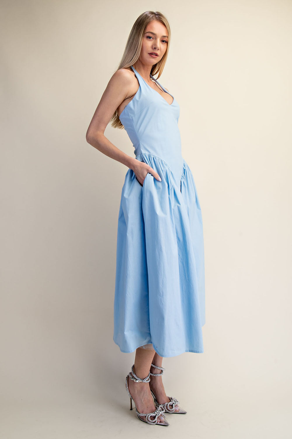 TULLE HALTER NECK MAXI DRESS WITH POCKET