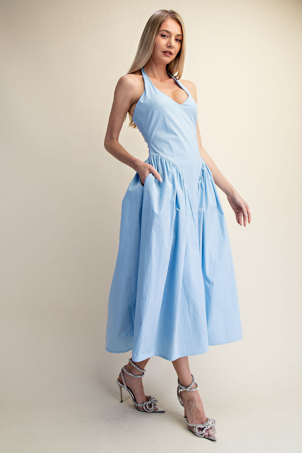 TULLE HALTER NECK MAXI DRESS WITH POCKET