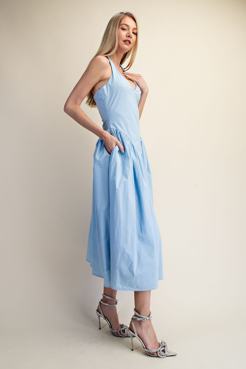 TULLE HALTER NECK MAXI DRESS WITH POCKET