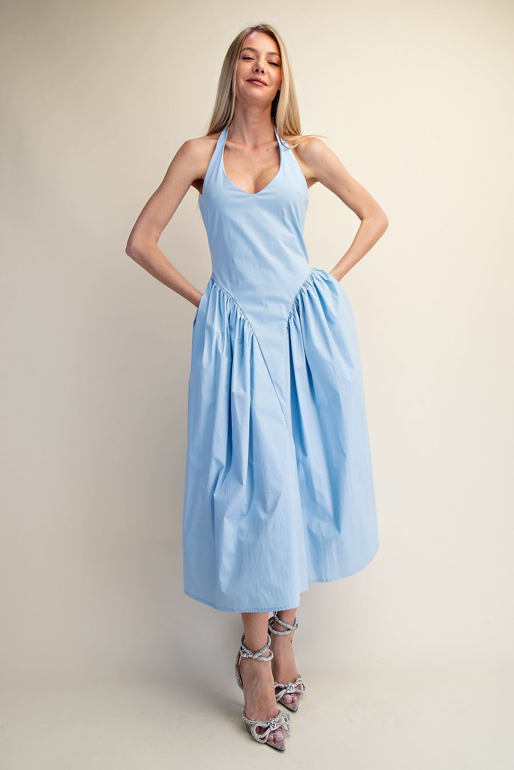 TULLE HALTER NECK MAXI DRESS WITH POCKET