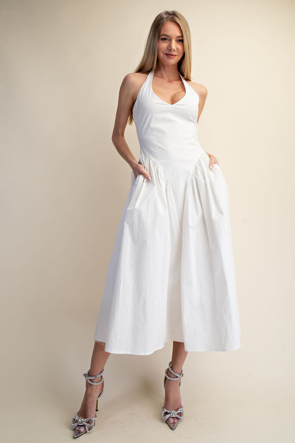 TULLE HALTER NECK MAXI DRESS WITH POCKET - WHITE