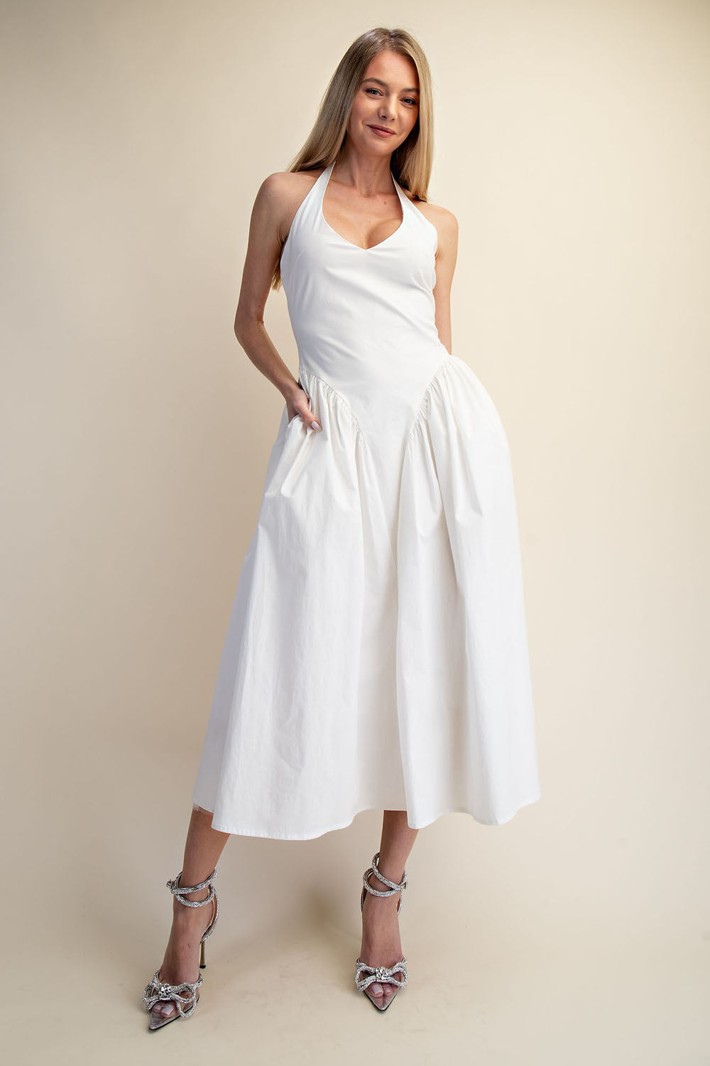 TULLE HALTER NECK MAXI DRESS WITH POCKET - WHITE