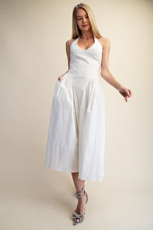 TULLE HALTER NECK MAXI DRESS WITH POCKET - WHITE
