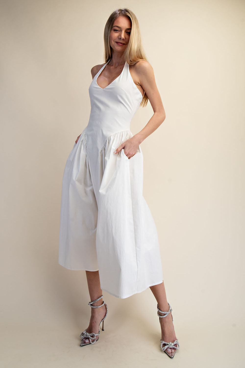 TULLE HALTER NECK MAXI DRESS WITH POCKET - WHITE