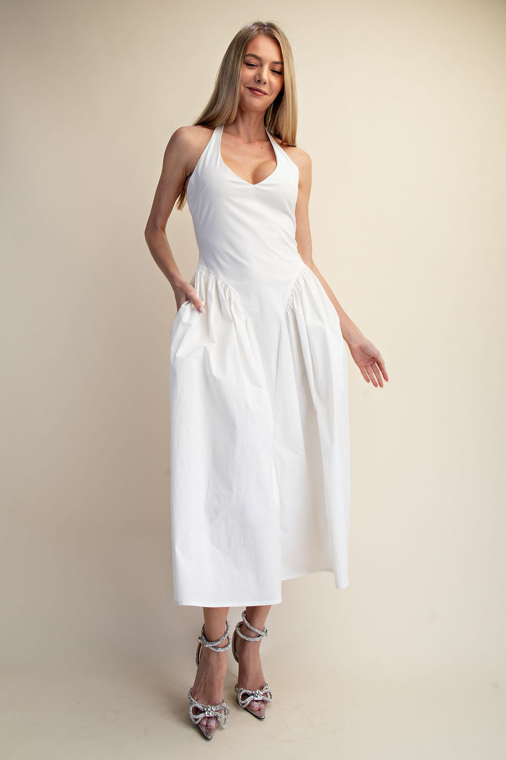 TULLE HALTER NECK MAXI DRESS WITH POCKET - WHITE