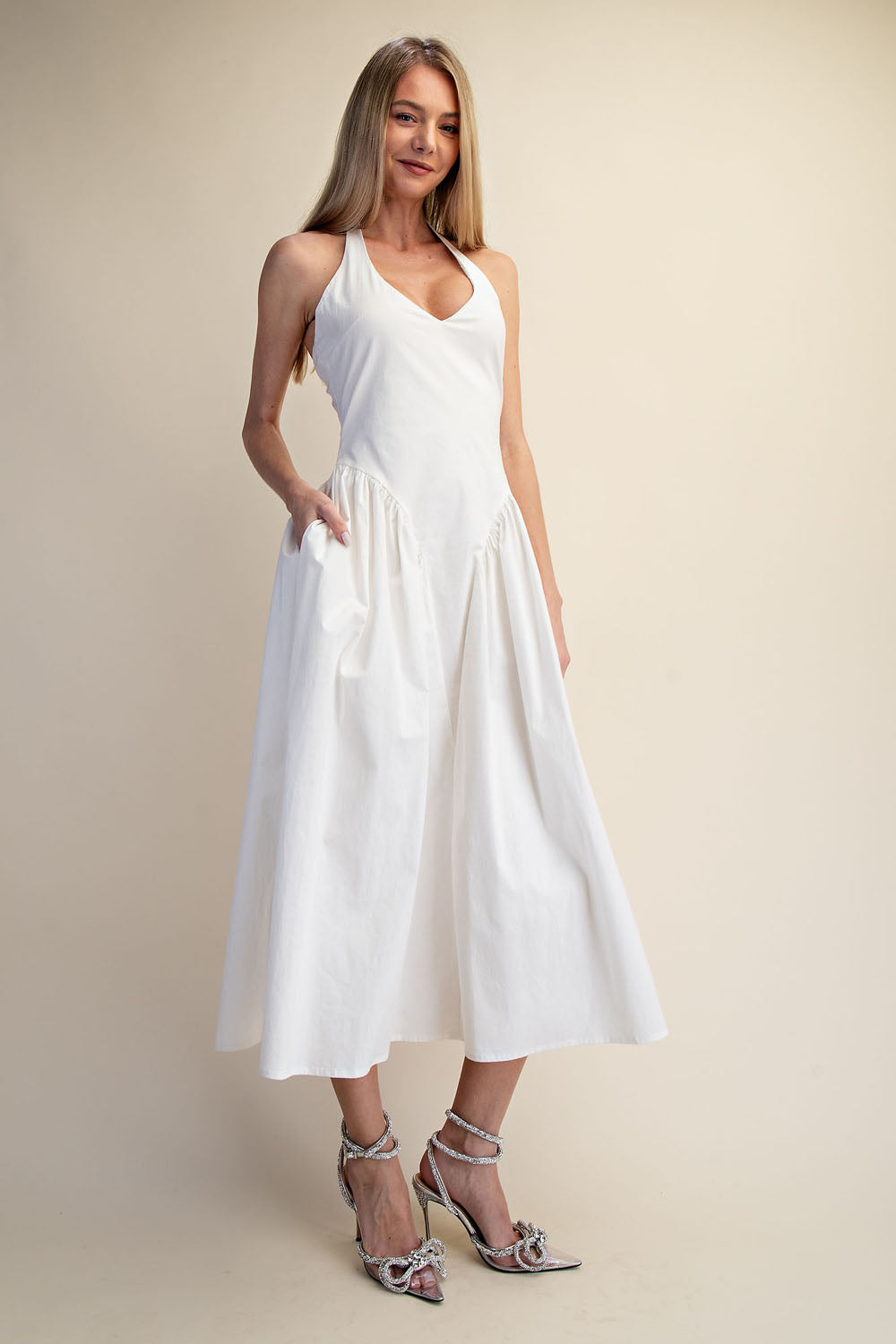 TULLE HALTER NECK MAXI DRESS WITH POCKET - WHITE