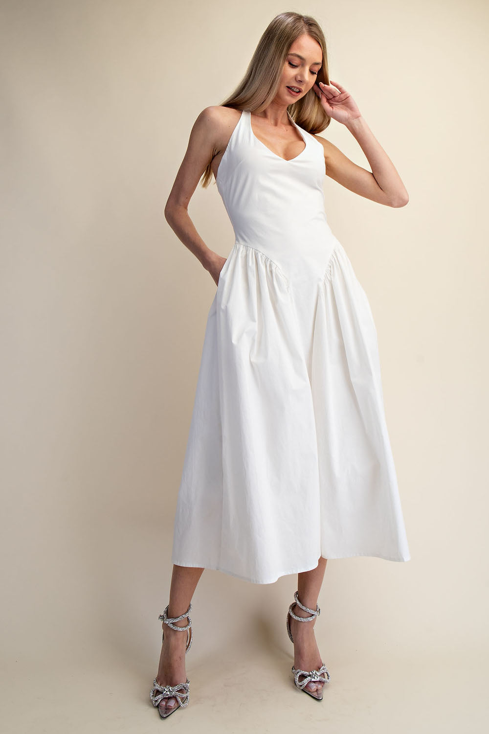 TULLE HALTER NECK MAXI DRESS WITH POCKET - WHITE