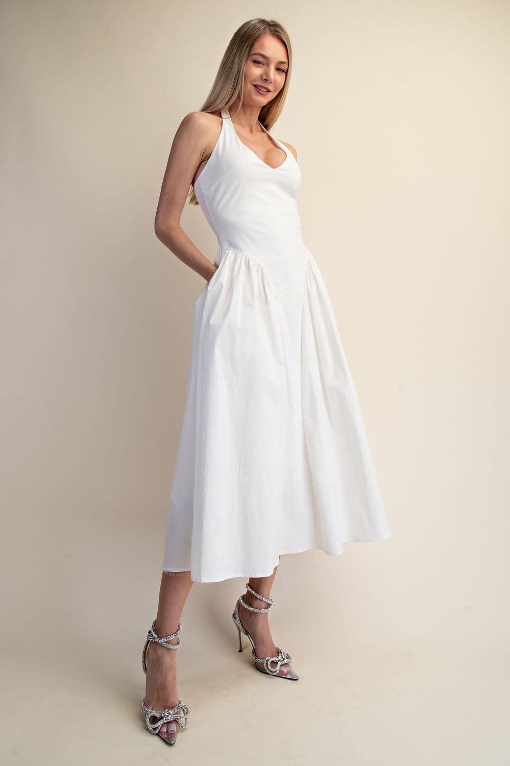 TULLE HALTER NECK MAXI DRESS WITH POCKET - WHITE