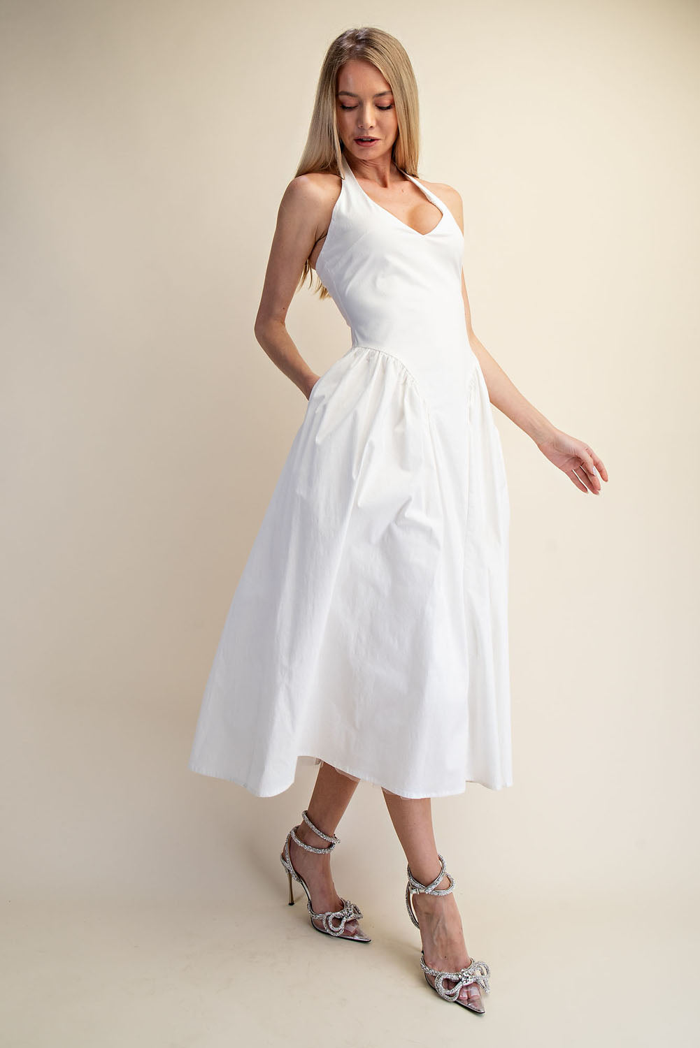 TULLE HALTER NECK MAXI DRESS WITH POCKET - WHITE