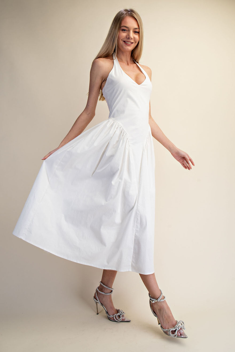 TULLE HALTER NECK MAXI DRESS WITH POCKET - WHITE