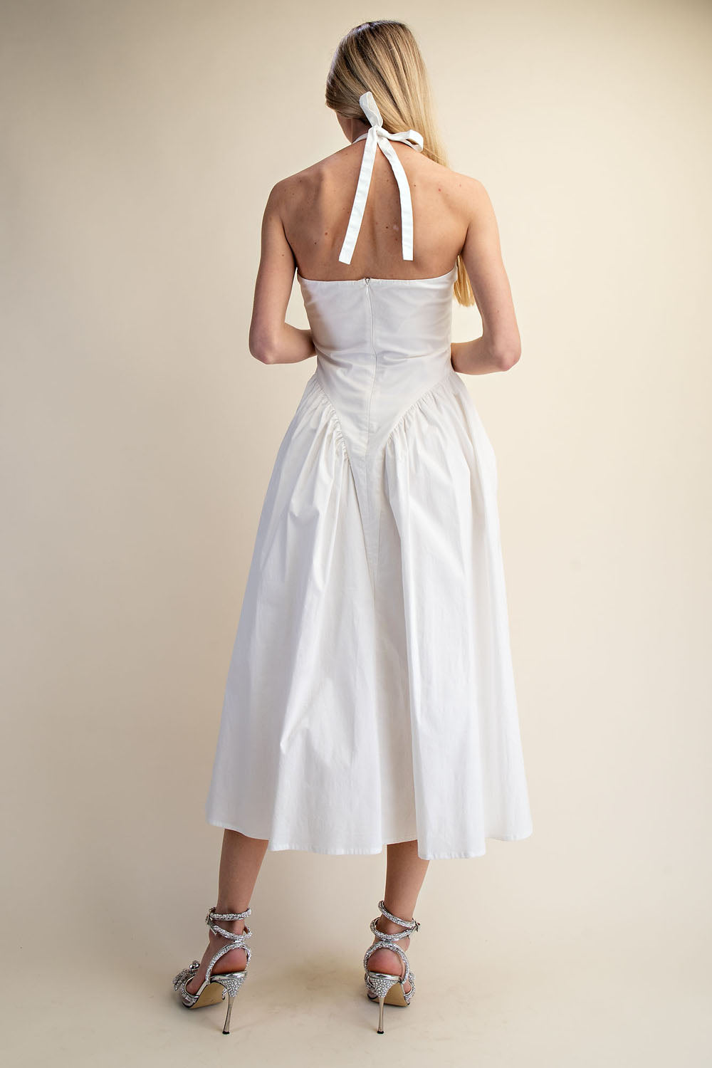 TULLE HALTER NECK MAXI DRESS WITH POCKET - WHITE
