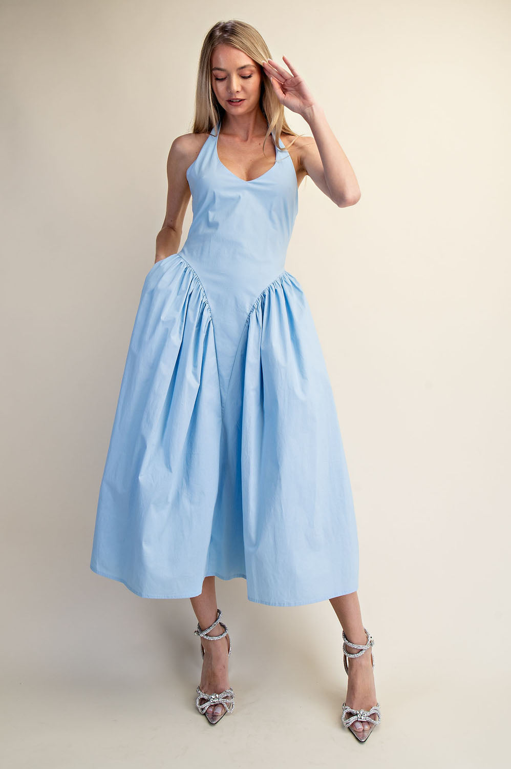 TULLE HALTER NECK MAXI DRESS WITH POCKET