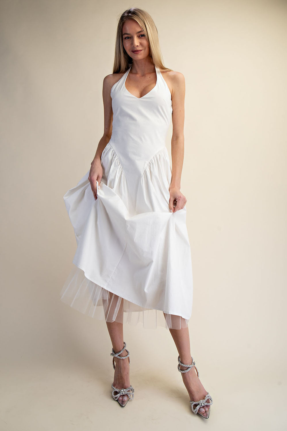 TULLE HALTER NECK MAXI DRESS WITH POCKET - WHITE