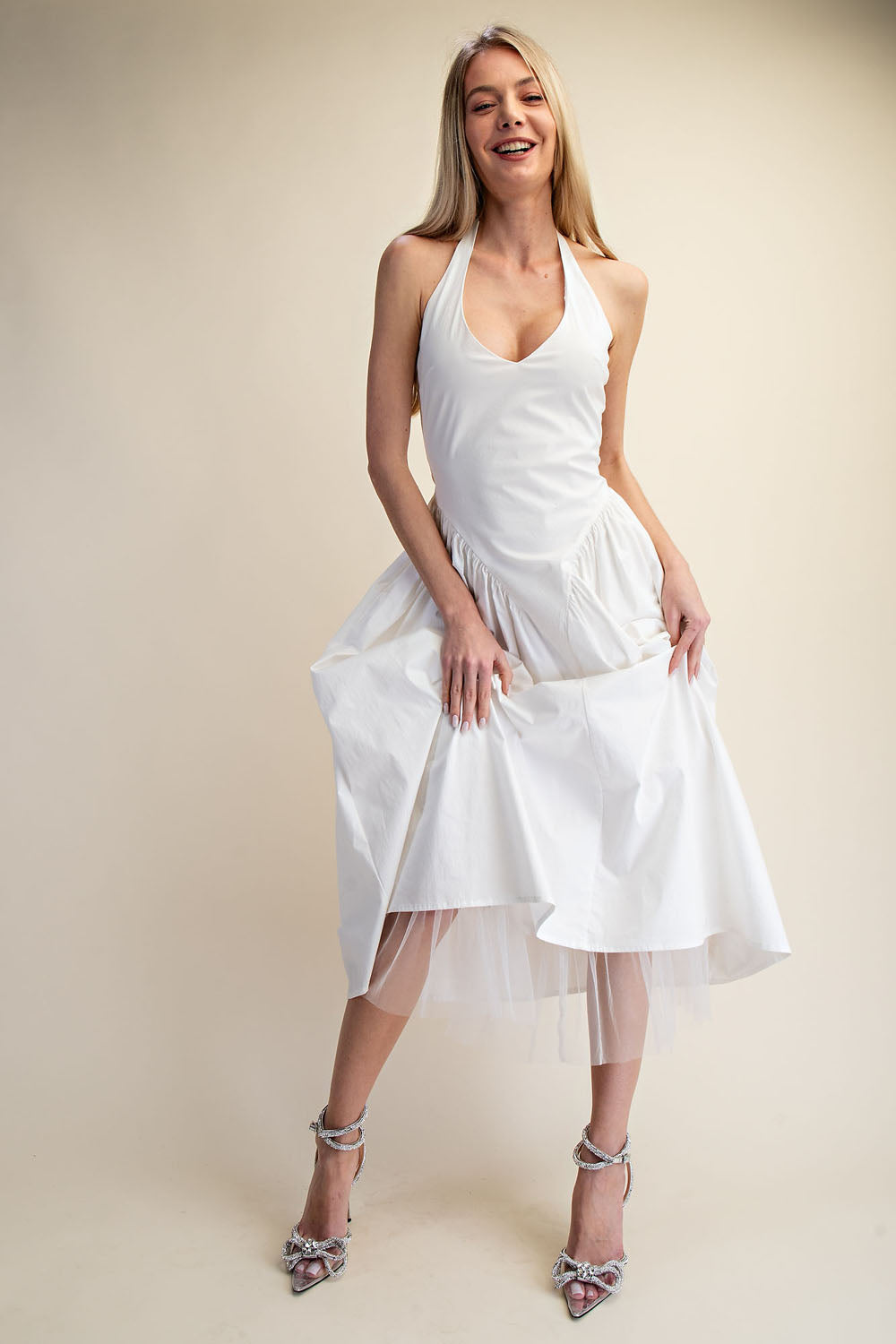 TULLE HALTER NECK MAXI DRESS WITH POCKET