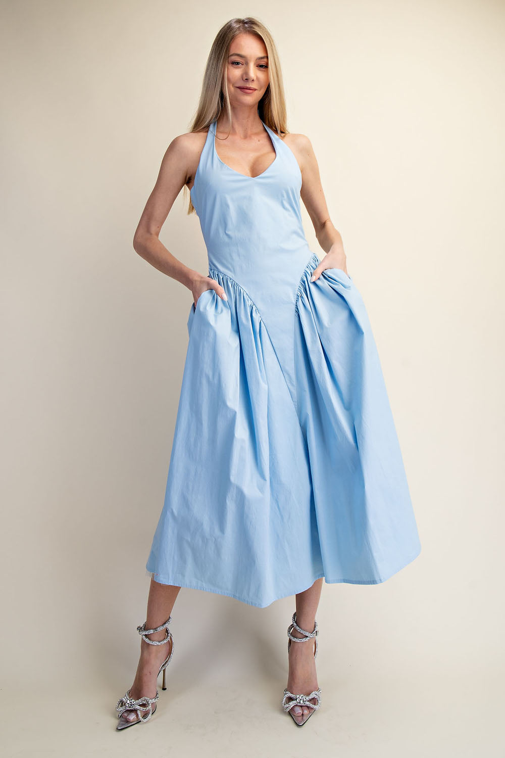 TULLE HALTER NECK MAXI DRESS WITH POCKET