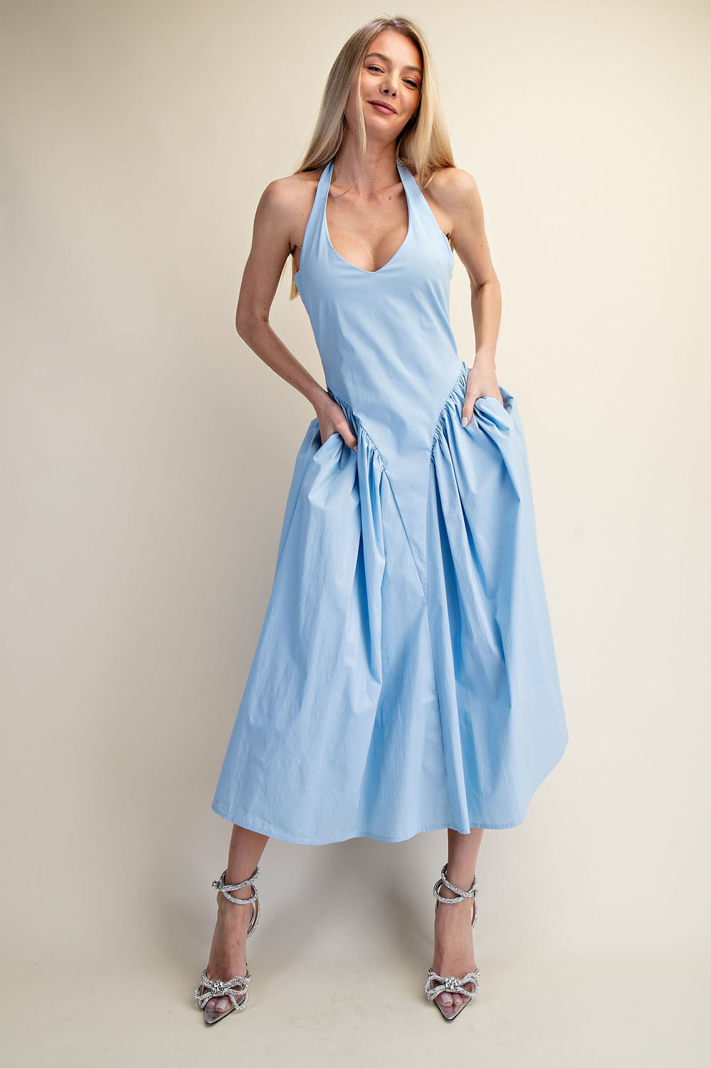 TULLE HALTER NECK MAXI DRESS WITH POCKET