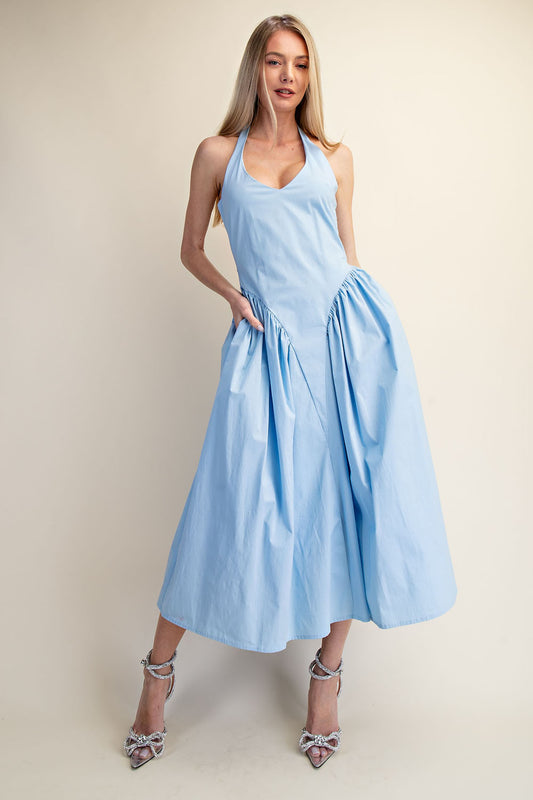 TULLE HALTER NECK MAXI DRESS WITH POCKET