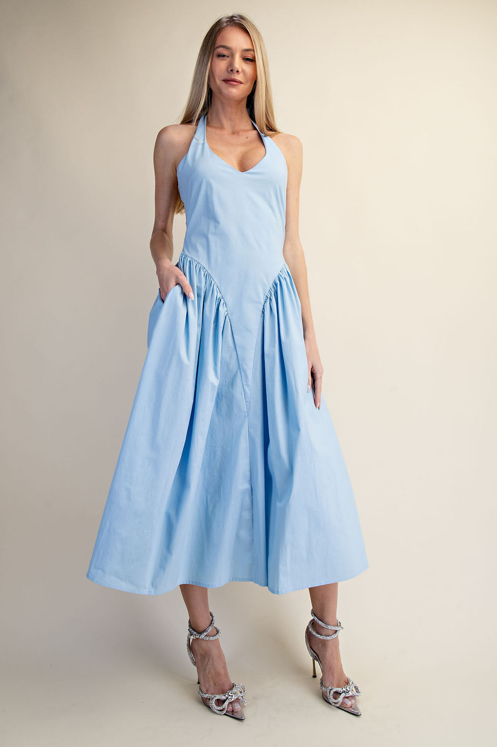 TULLE HALTER NECK MAXI DRESS WITH POCKET