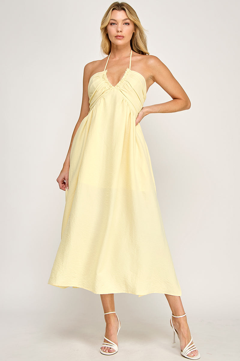 HALTER NECK OPEN BACK SELF TIE MAXI DRESS